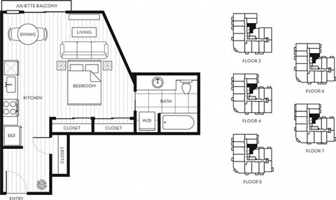 Floor plan for studio, 1 bath, 509 sqft