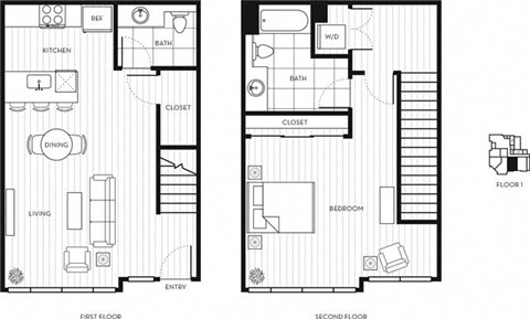 Floor plan for 1 bed, 1.5 baths, 1023 sqft