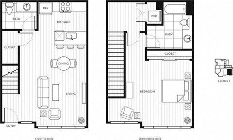 Floor plan for 1 bed, 1.5 baths, 1023 sqft