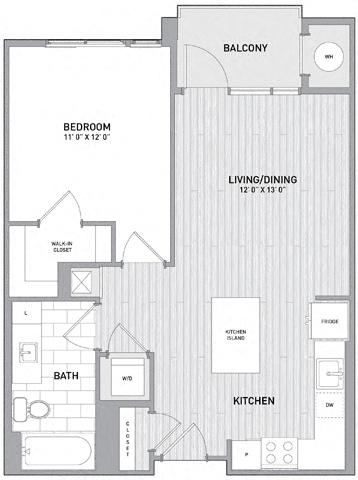 Floor plan for 1 bed, 1 bath, 687 sqft