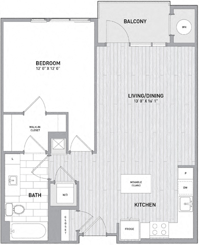 Floor plan for 1 bed, 1 bath, 743 sqft