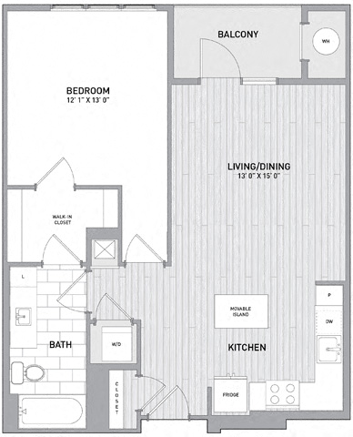 Floor plan for 1 bed, 1 bath, 761 sqft