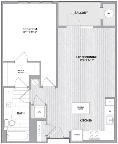 Floor plan for 1 bed, 1 bath, 772 sqft