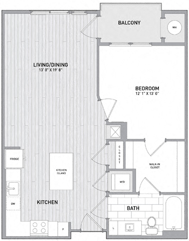 Floor plan for 1 bed, 1 bath, 789 sqft