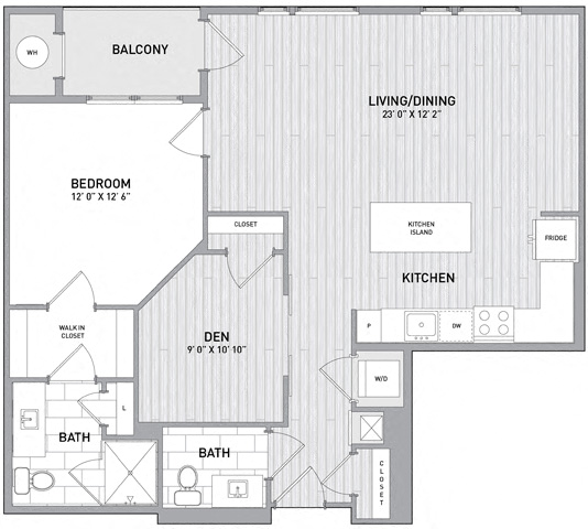 Floor plan for 1 bed, 1 bath, 972 sqft