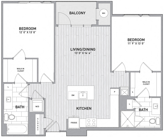 Floor plan for 2 beds, 2 baths, 1094 sqft