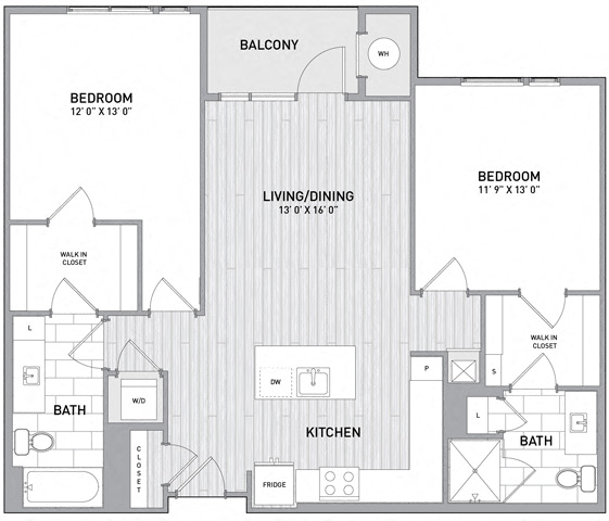 Floor plan for 2 beds, 2 baths, 1102 sqft