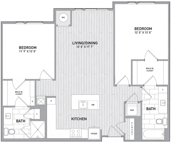 Floor plan for 2 beds, 2 baths, 1138 sqft
