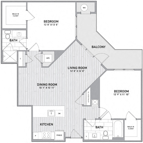 Floor plan for 2 beds, 2 baths, 1153 sqft