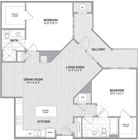 Floor plan for 2 beds, 2 baths, 1246 sqft