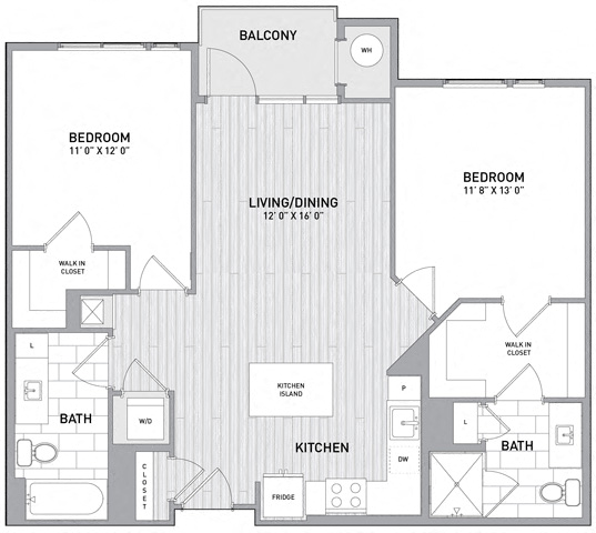 Floor plan for 2 beds, 2 baths, 1017 sqft