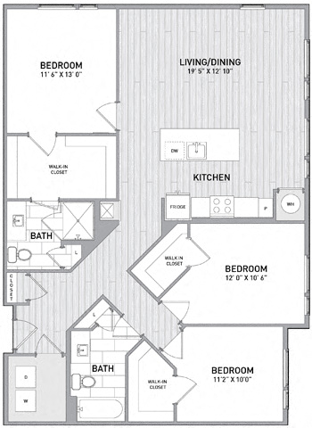 Floor plan for 3 beds, 2 baths, 1380 sqft