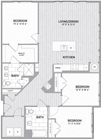 Floor plan for 3 beds, 2 baths, 1391 sqft