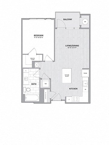 Floor plan for 1 bed, 1 bath, 685 sqft