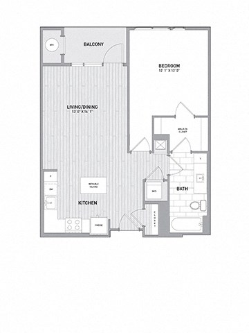 Floor plan for 1 bed, 1 bath, 770 sqft