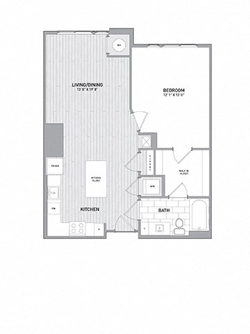 Floor plan for 1 bed, 1 bath, 803 sqft