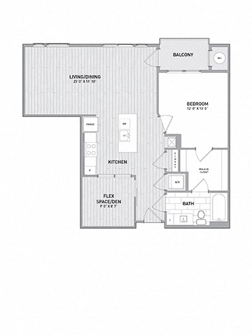 Floor plan for 1 bed, 1 bath, 916 sqft