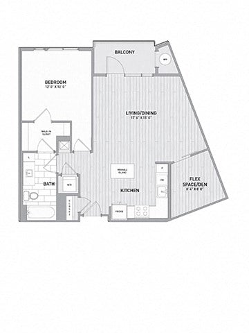 Floor plan for 1 bed, 1 bath, 864 sqft