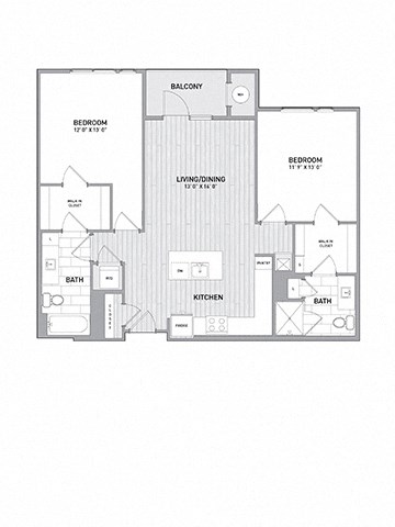 Floor plan for 2 beds, 2 baths, 1101 sqft