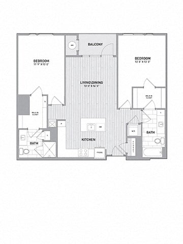 Floor plan for 2 beds, 2 baths, 1157 sqft