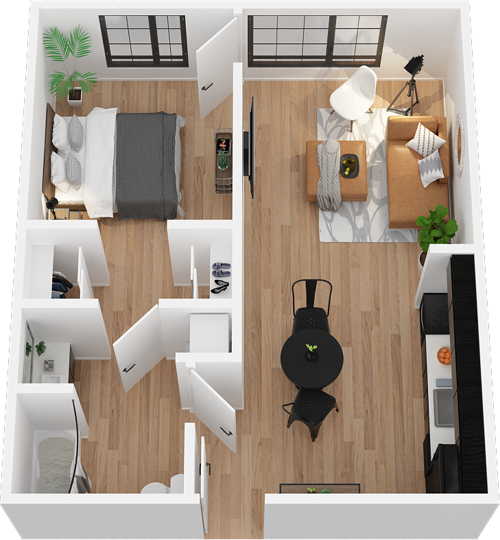 Floor plan for 1 bed, 1 bath, 672 sqft