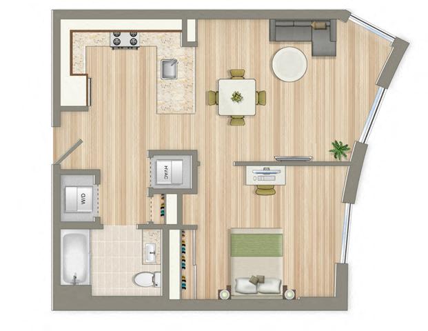 Floor plan for 1 bed, 1 bath, 701 sqft