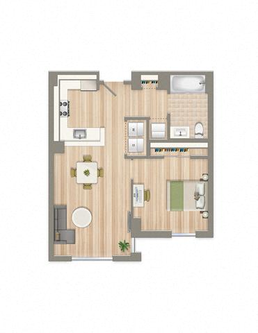 Floor plan for 1 bed, 1 bath, 727 sqft