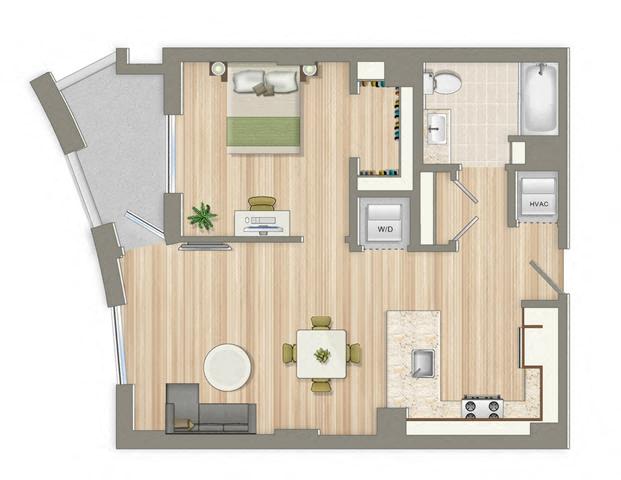 Floor plan for 1 bed, 1 bath, 728 sqft