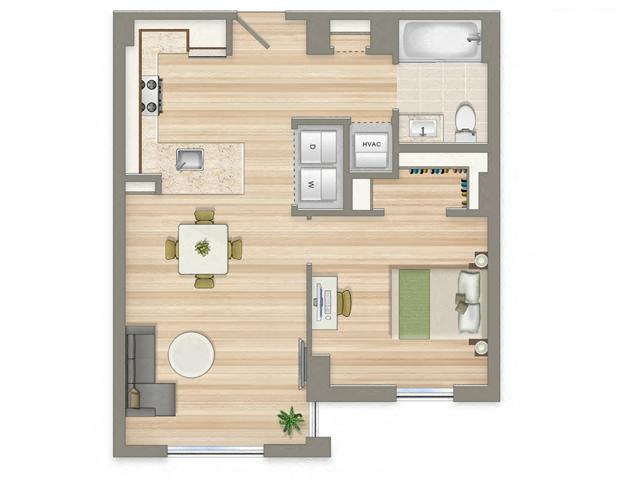 Floor plan for 1 bed, 1 bath, 737 sqft