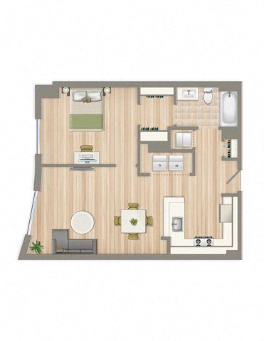 Floor plan for 1 bed, 1 bath, 796 sqft