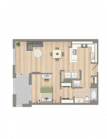 Floor plan for 1 bed, 1 bath, 809 sqft