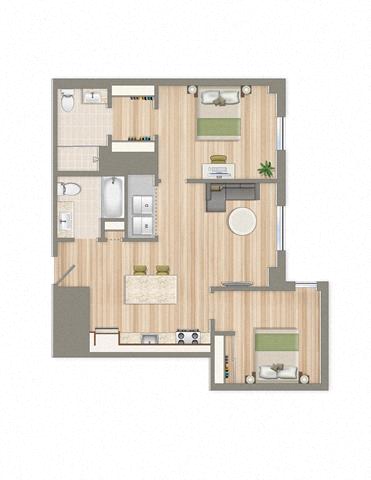 Floor plan for 2 beds, 2 baths, 989 sqft