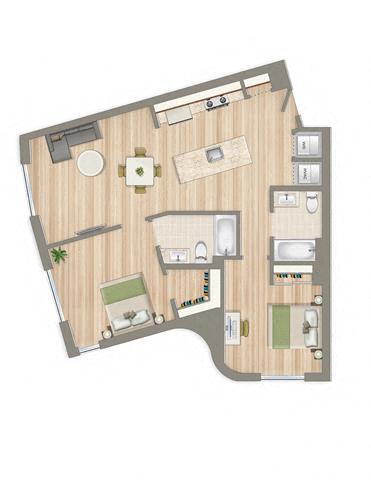 Floor plan for 2 beds, 2 baths, 1051 sqft