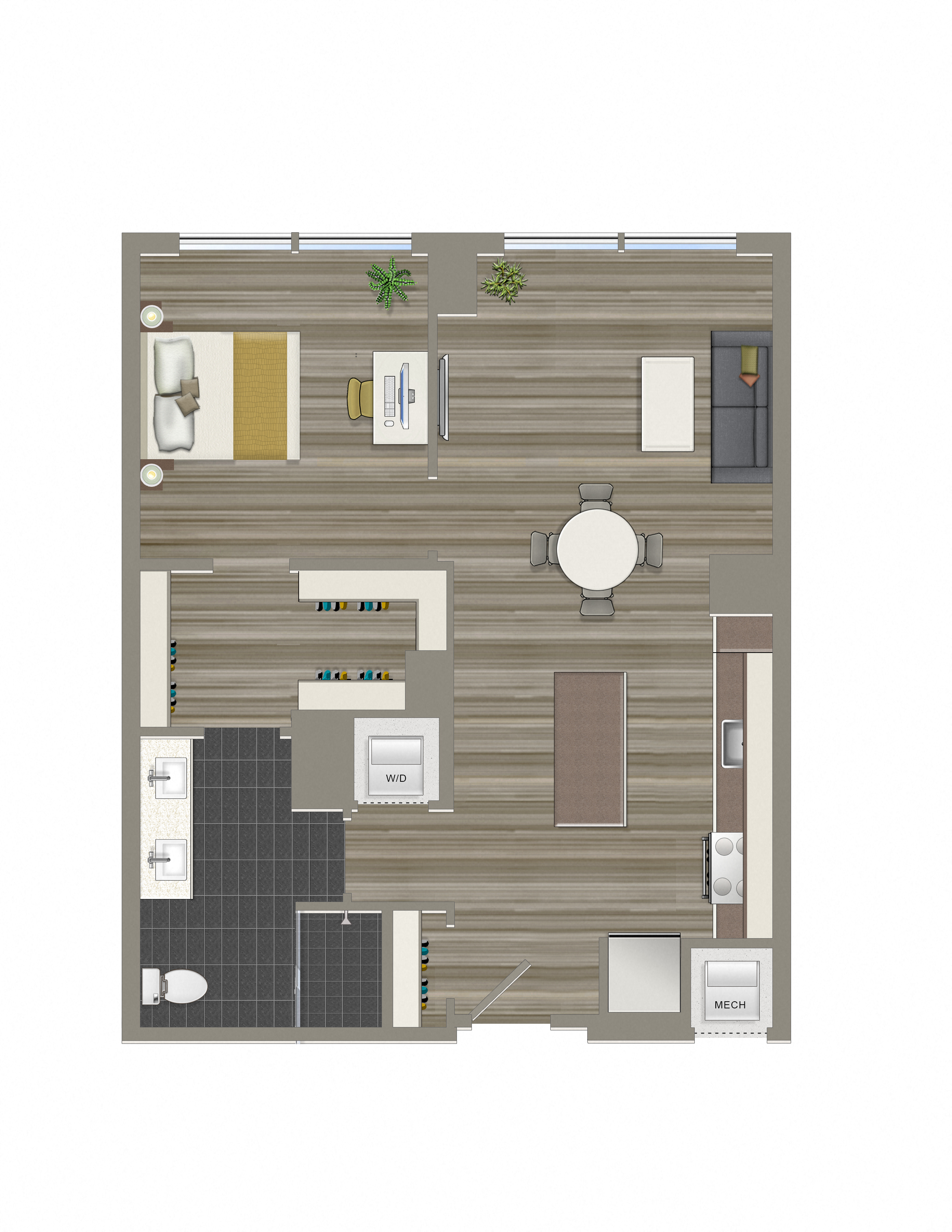 Floor plan for 1 bed, 1 bath, 720 sqft