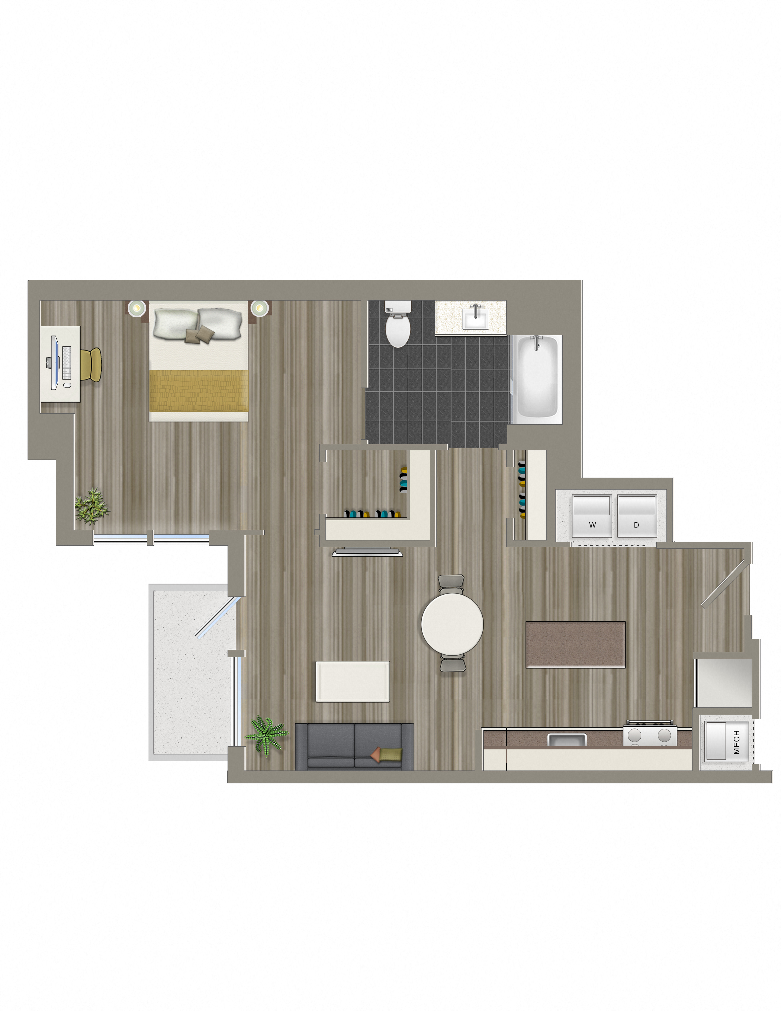 Floor plan for 1 bed, 1 bath, 842 sqft
