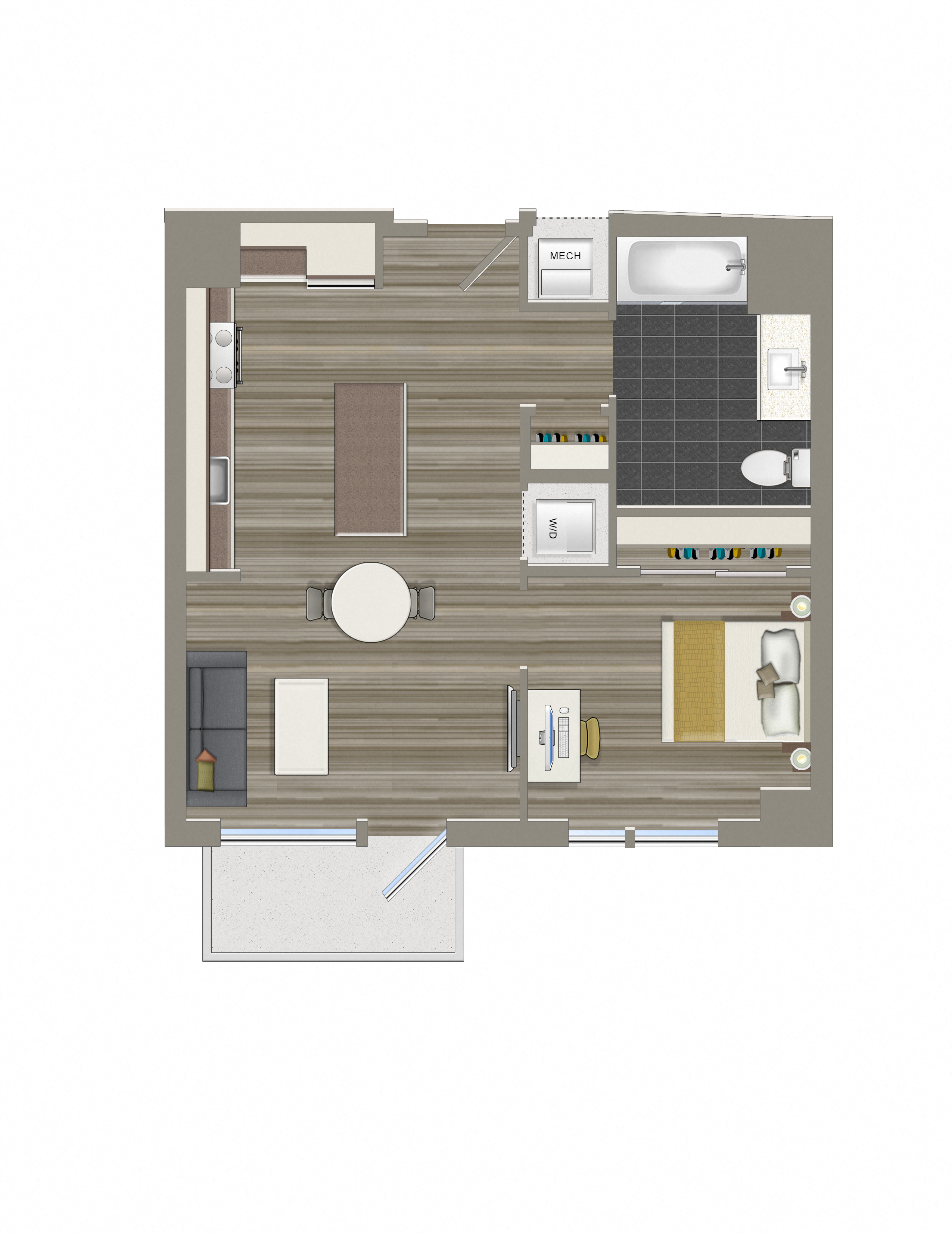 Floor plan for 1 bed, 1 bath, 565 sqft