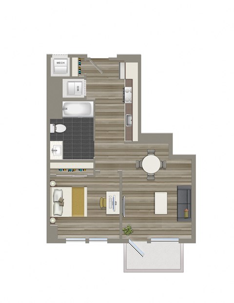 Floor plan for 1 bed, 1 bath, 580 sqft