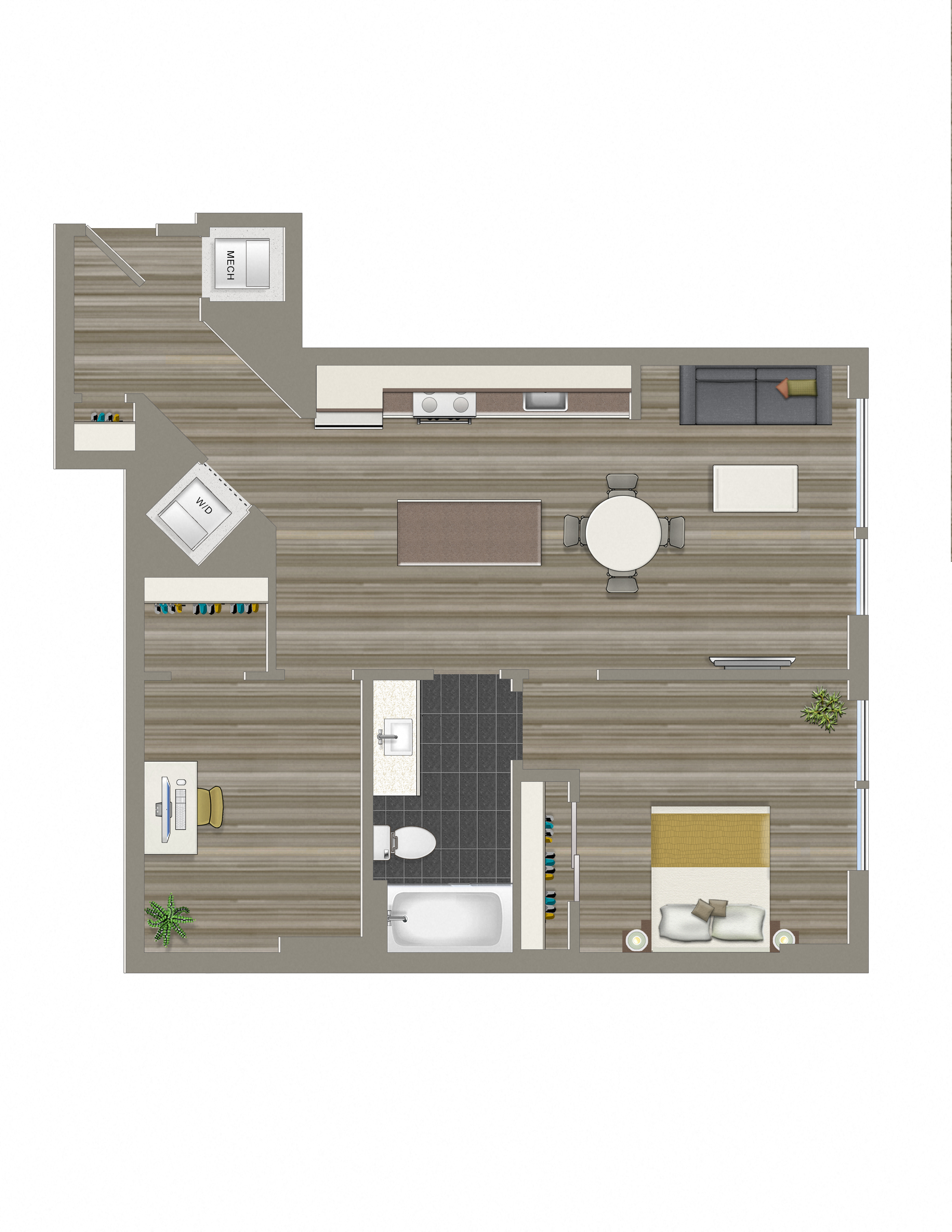 Floor plan for 2 beds, 1 bath, 766 sqft