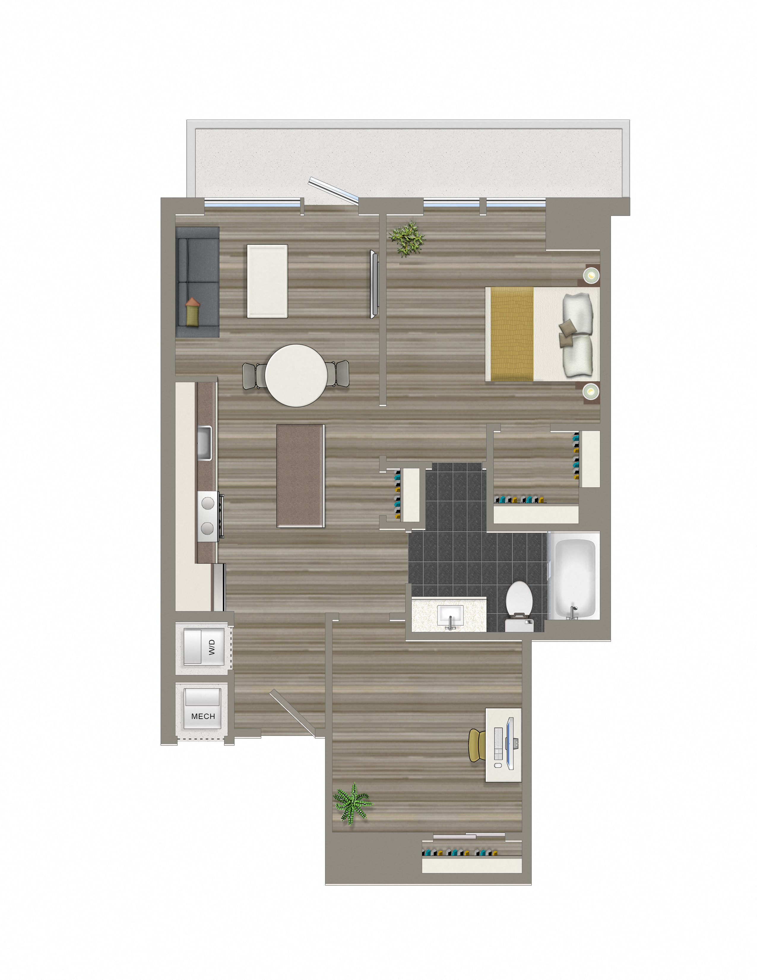 Floor plan for 2 beds, 1 bath, 833 sqft