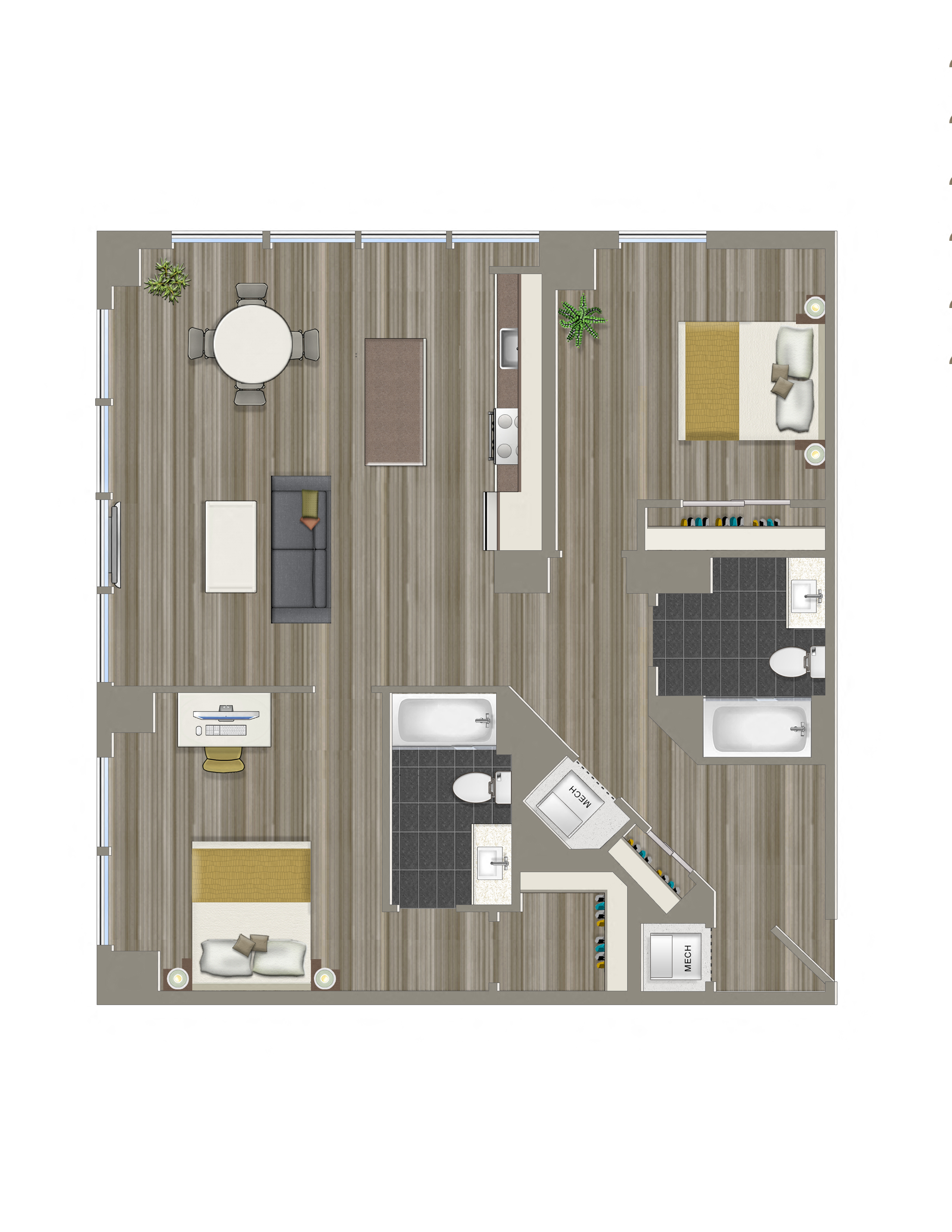 Floor plan for 2 beds, 2 baths, 1193 sqft