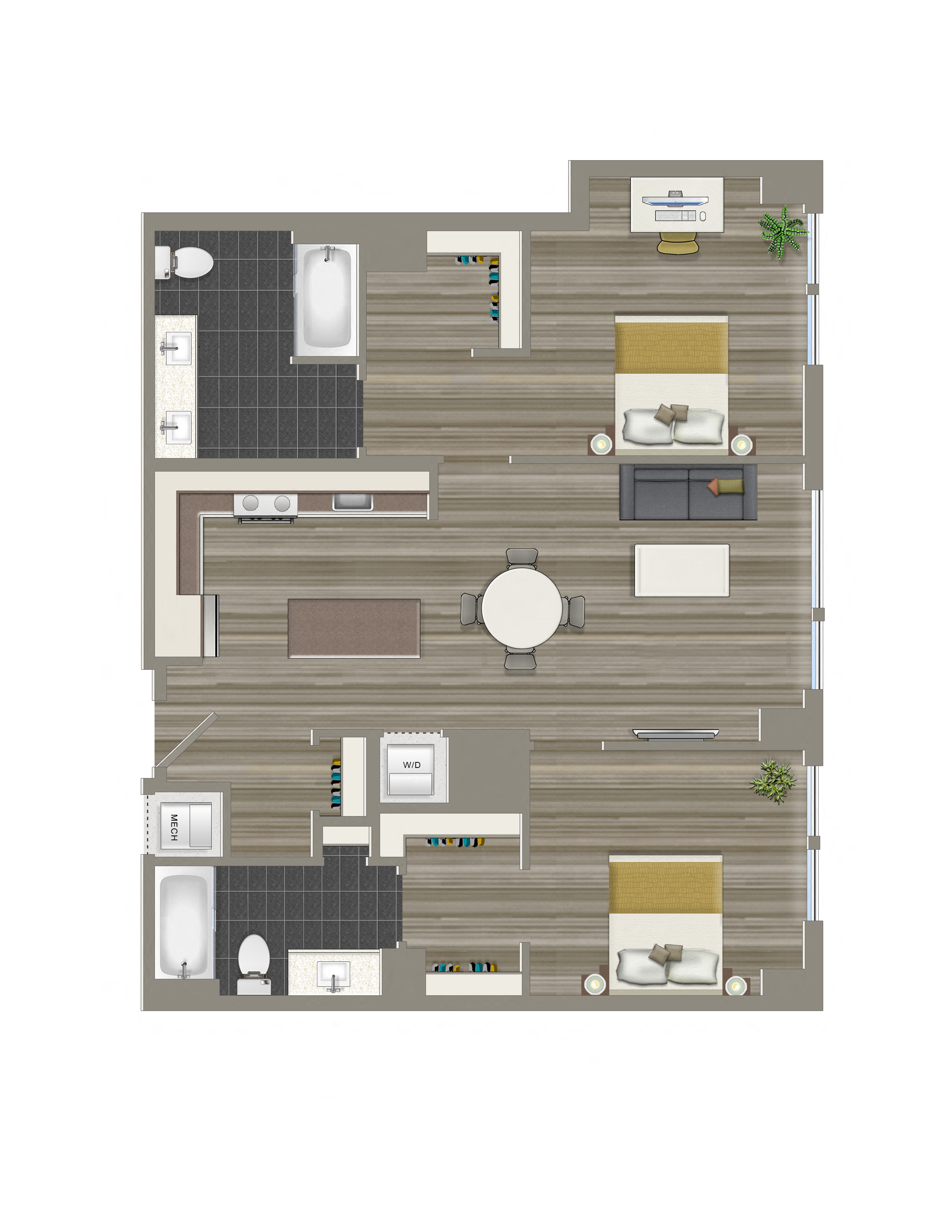 Floor plan for 2 beds, 2 baths, 1021 sqft