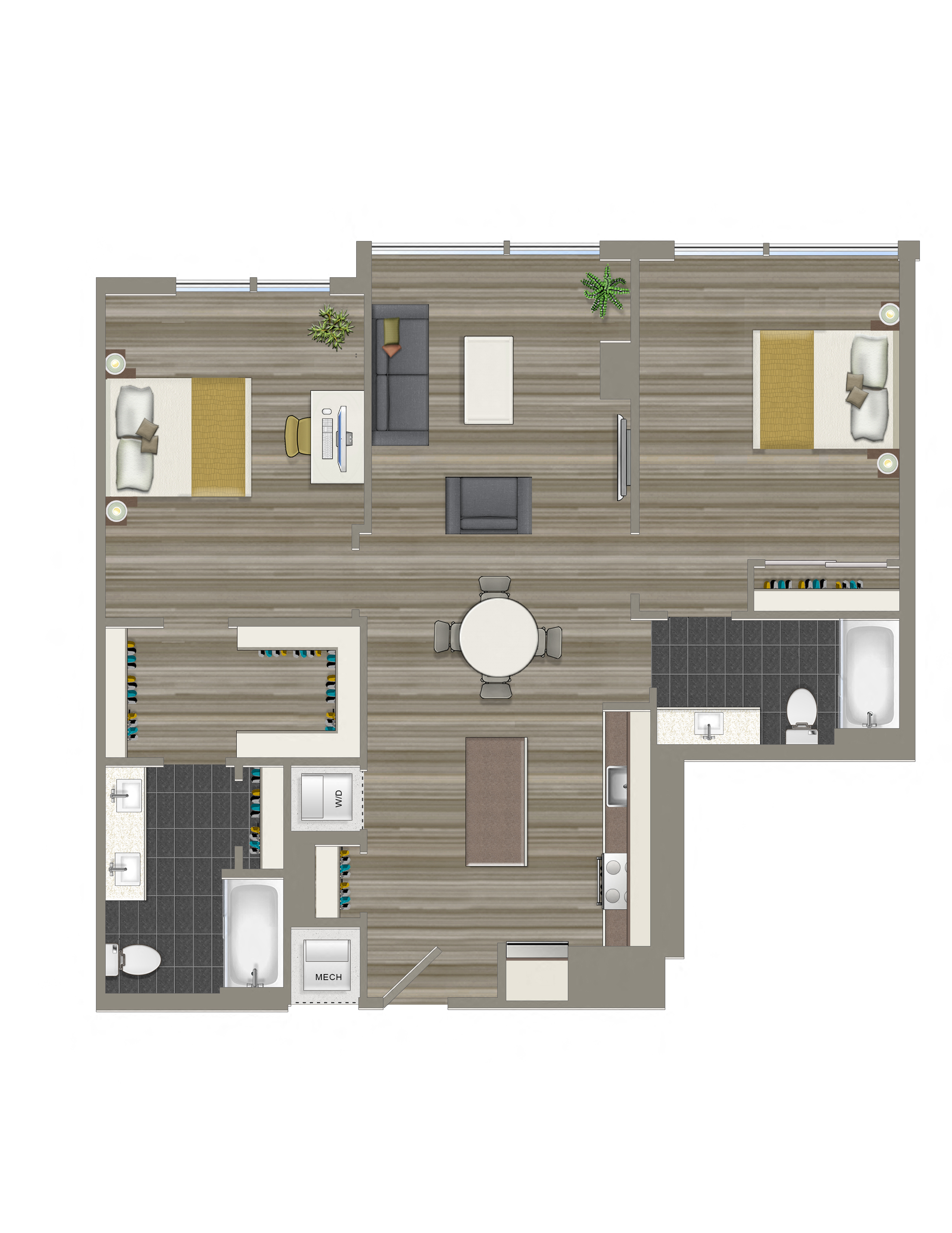 Floor plan for 2 beds, 2 baths, 1098 sqft