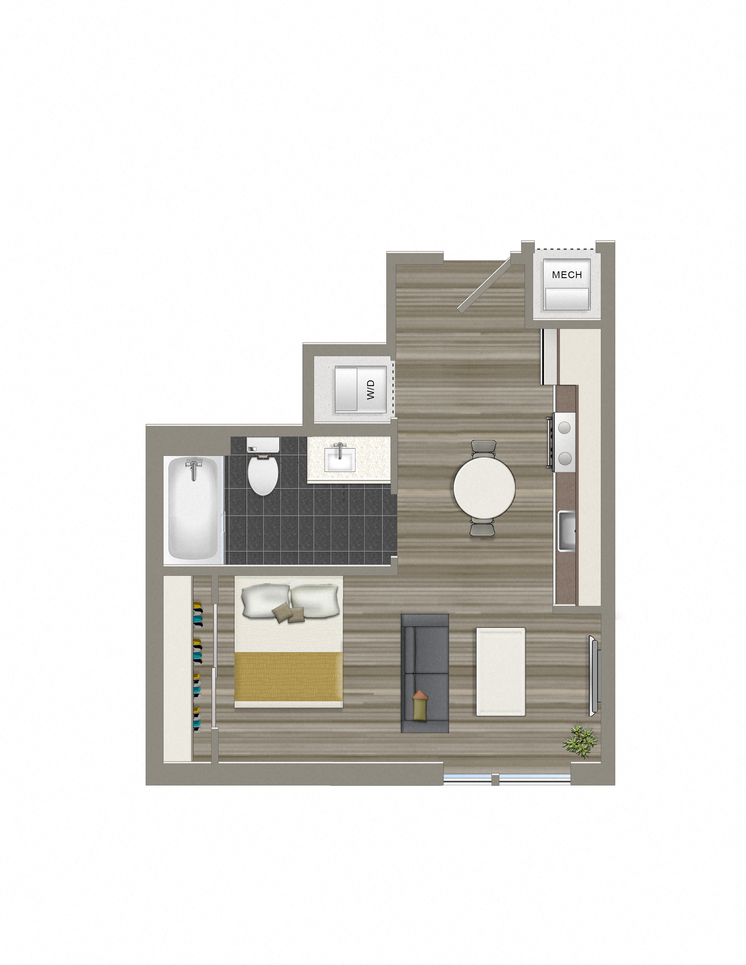 Floor plan for studio, 1 bath, 385 sqft