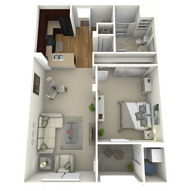 Floor plan for 1 bed, 1 bath, 721 sqft