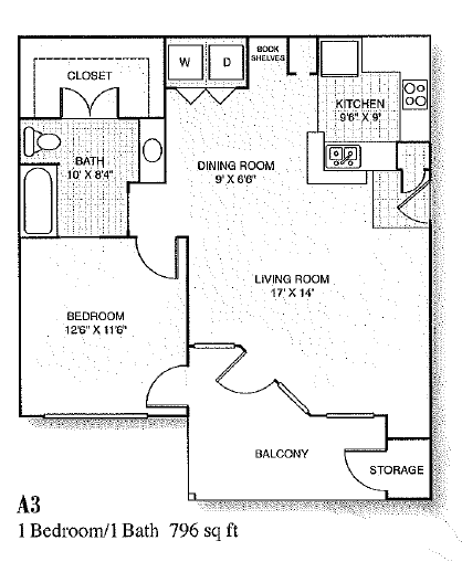 Floor plan for 1 bed, 1 bath, 796 sqft