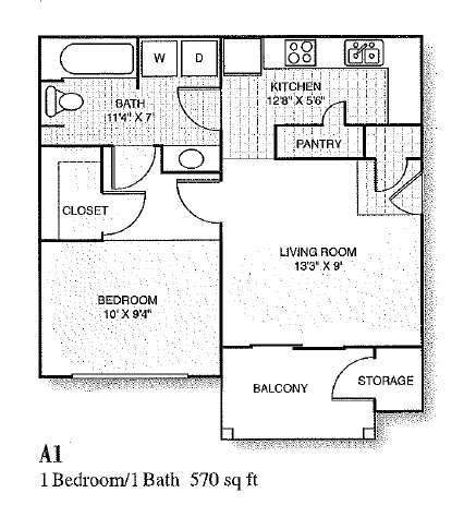 Floor plan for 1 bed, 1 bath, 570 sqft