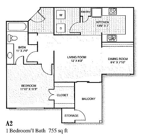 Floor plan for 1 bed, 1 bath, 755 sqft