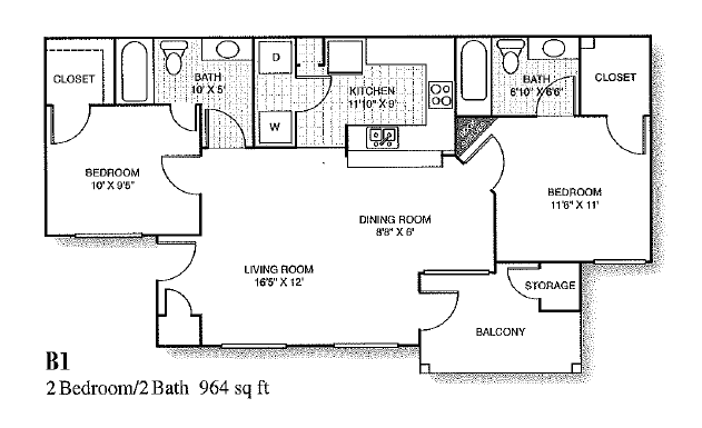 Floor plan for 2 beds, 2 baths, 964 sqft