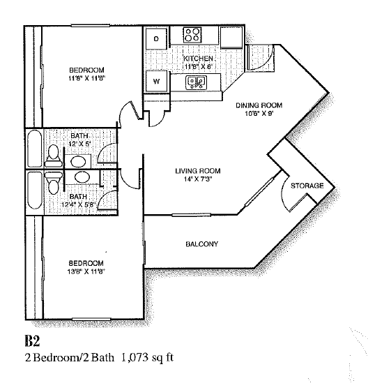 Floor plan for 2 beds, 2 baths, 1073 sqft