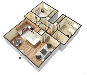 Floor plan for 2 beds, 2 baths, 845 sqft